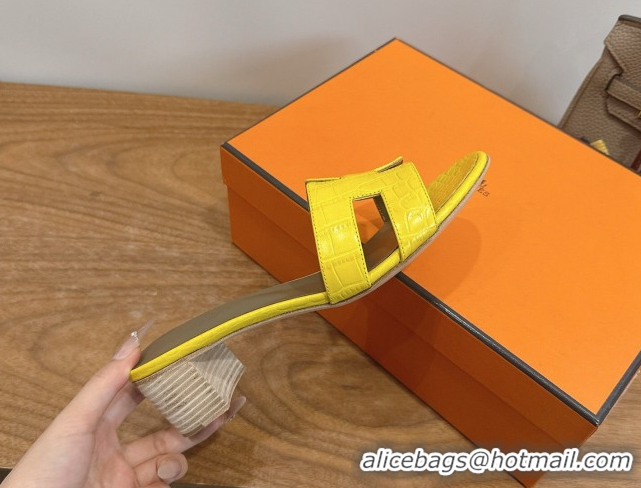 Shop Duplicate Hermes Oasis Classic Heel Slides Sandal 4.5cm in Crocodile Embossed Leather Yellow 0304035