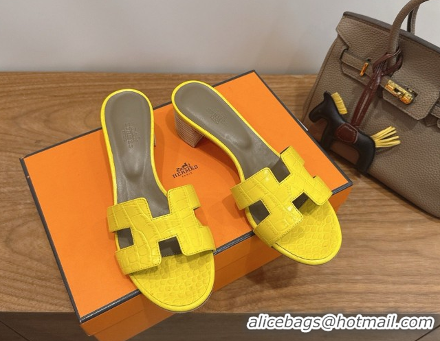 Shop Duplicate Hermes Oasis Classic Heel Slides Sandal 4.5cm in Crocodile Embossed Leather Yellow 0304035