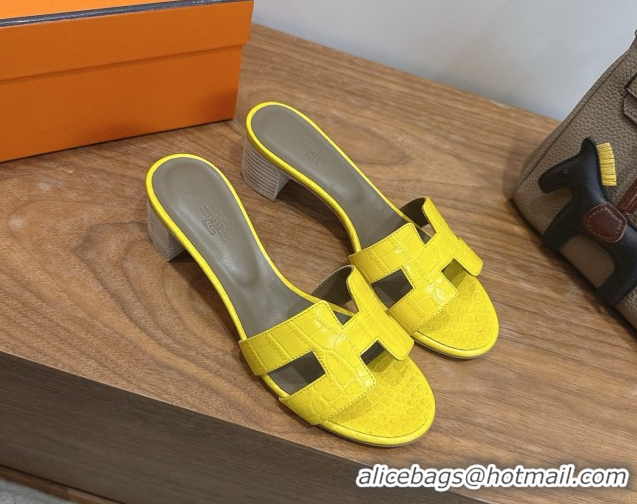 Shop Duplicate Hermes Oasis Classic Heel Slides Sandal 4.5cm in Crocodile Embossed Leather Yellow 0304035