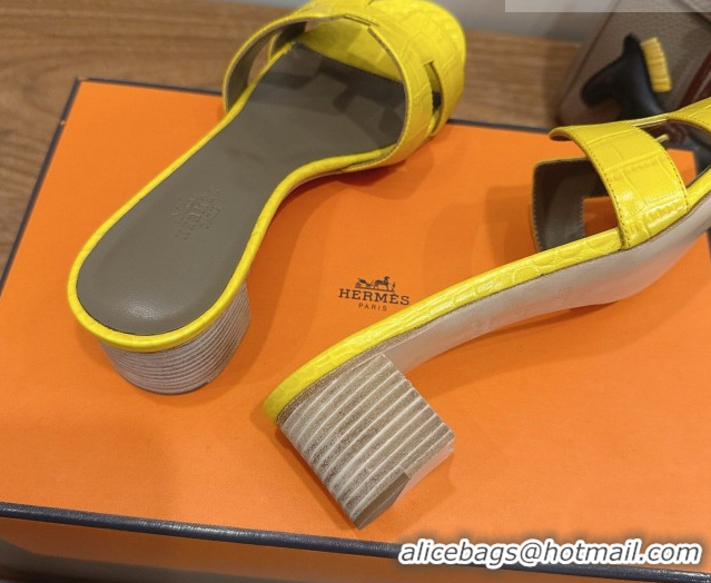 Shop Duplicate Hermes Oasis Classic Heel Slides Sandal 4.5cm in Crocodile Embossed Leather Yellow 0304035
