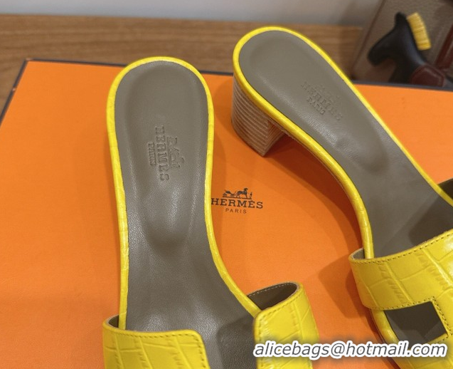 Shop Duplicate Hermes Oasis Classic Heel Slides Sandal 4.5cm in Crocodile Embossed Leather Yellow 0304035