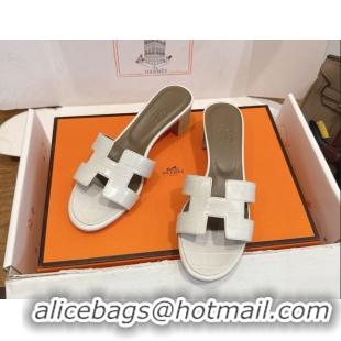 Grade Quality Hermes Oasis Classic Heel Slides Sandal 4.5cm in Crocodile Embossed Leather White 0304036