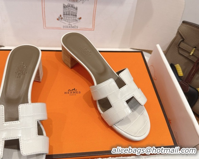 Grade Quality Hermes Oasis Classic Heel Slides Sandal 4.5cm in Crocodile Embossed Leather White 0304036
