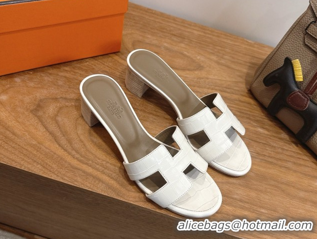 Grade Quality Hermes Oasis Classic Heel Slides Sandal 4.5cm in Crocodile Embossed Leather White 0304036