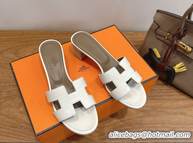 Grade Quality Hermes Oasis Classic Heel Slides Sandal 4.5cm in Crocodile Embossed Leather White 0304036