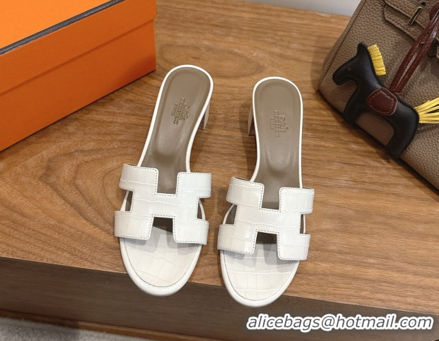 Grade Quality Hermes Oasis Classic Heel Slides Sandal 4.5cm in Crocodile Embossed Leather White 0304036