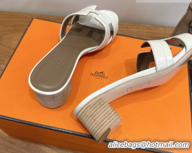Grade Quality Hermes Oasis Classic Heel Slides Sandal 4.5cm in Crocodile Embossed Leather White 0304036