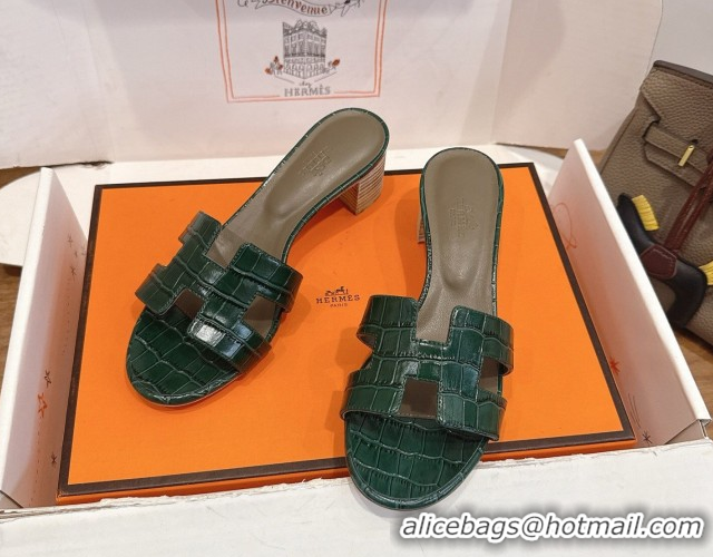 Most Popular Hermes Oasis Classic Heel Slides Sandal 4.5cm in Crocodile Embossed Leather Dark Green 0304037