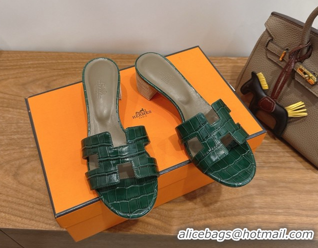 Most Popular Hermes Oasis Classic Heel Slides Sandal 4.5cm in Crocodile Embossed Leather Dark Green 0304037