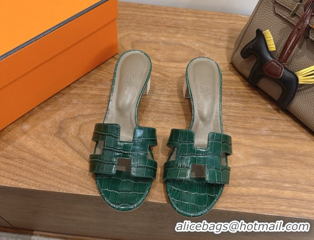 Most Popular Hermes Oasis Classic Heel Slides Sandal 4.5cm in Crocodile Embossed Leather Dark Green 0304037