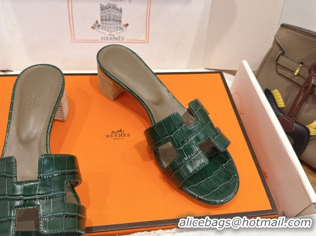 Most Popular Hermes Oasis Classic Heel Slides Sandal 4.5cm in Crocodile Embossed Leather Dark Green 0304037