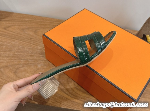 Most Popular Hermes Oasis Classic Heel Slides Sandal 4.5cm in Crocodile Embossed Leather Dark Green 0304037