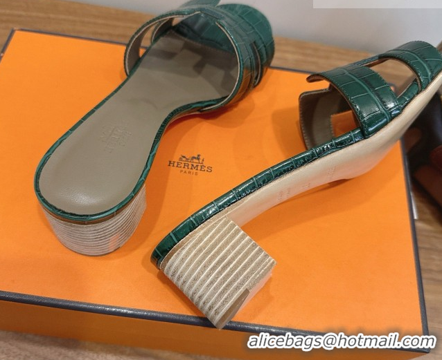 Most Popular Hermes Oasis Classic Heel Slides Sandal 4.5cm in Crocodile Embossed Leather Dark Green 0304037