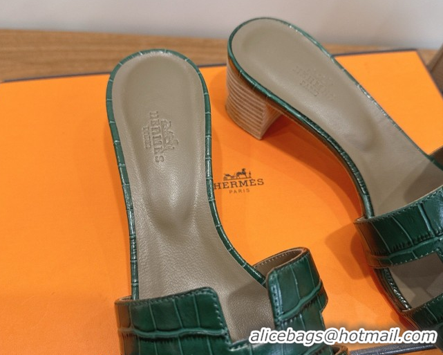 Most Popular Hermes Oasis Classic Heel Slides Sandal 4.5cm in Crocodile Embossed Leather Dark Green 0304037