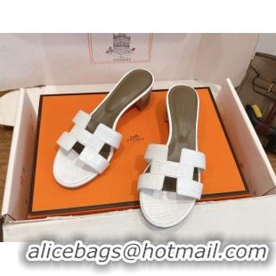Best Price Hermes Oasis Classic Heel Slides Sandal 4.5cm in Crocodile Embossed Leather White 0304038