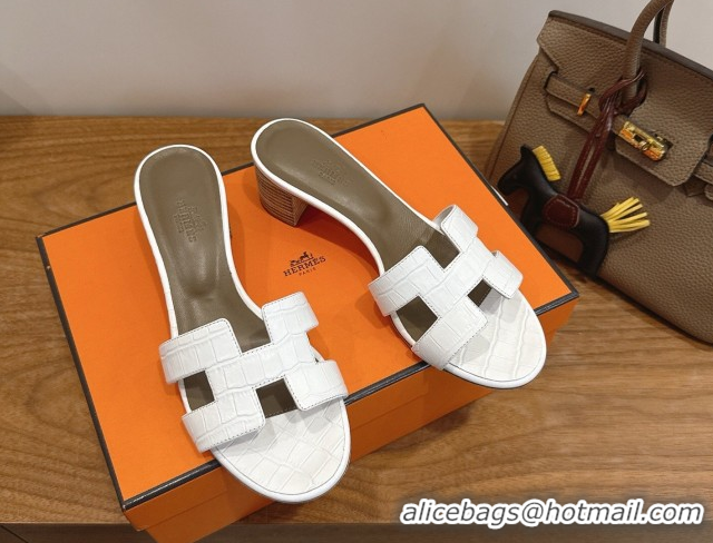 Best Price Hermes Oasis Classic Heel Slides Sandal 4.5cm in Crocodile Embossed Leather White 0304038