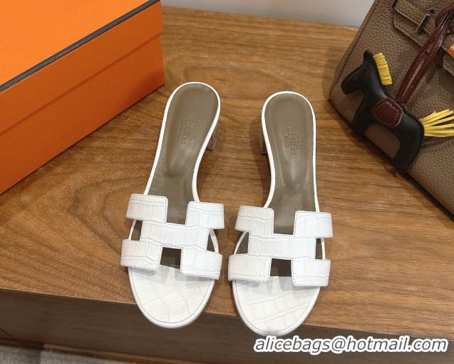 Best Price Hermes Oasis Classic Heel Slides Sandal 4.5cm in Crocodile Embossed Leather White 0304038