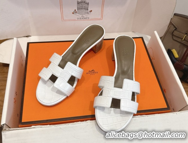 Best Price Hermes Oasis Classic Heel Slides Sandal 4.5cm in Crocodile Embossed Leather White 0304038