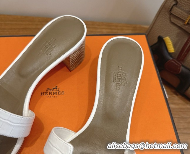 Best Price Hermes Oasis Classic Heel Slides Sandal 4.5cm in Crocodile Embossed Leather White 0304038