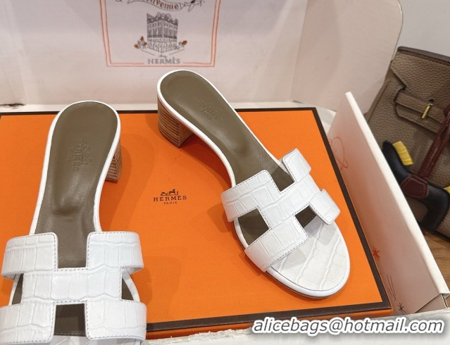 Best Price Hermes Oasis Classic Heel Slides Sandal 4.5cm in Crocodile Embossed Leather White 0304038