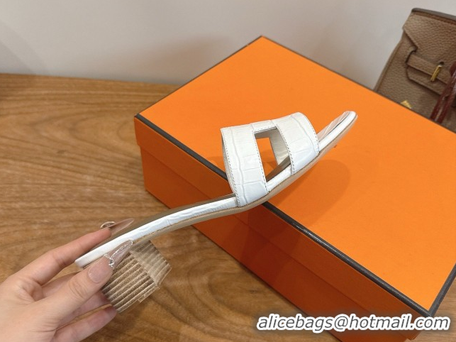 Best Price Hermes Oasis Classic Heel Slides Sandal 4.5cm in Crocodile Embossed Leather White 0304038