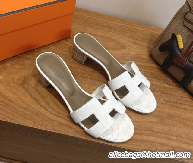 Best Price Hermes Oasis Classic Heel Slides Sandal 4.5cm in Crocodile Embossed Leather White 0304038