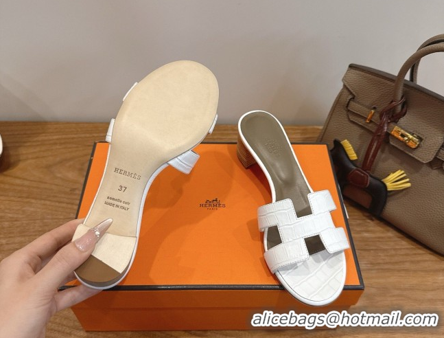 Best Price Hermes Oasis Classic Heel Slides Sandal 4.5cm in Crocodile Embossed Leather White 0304038