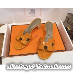 Good Product Hermes Oasis Classic Heel Slides Sandal 4.5cm in Crocodile Embossed Leather Orange Yellow 0304039