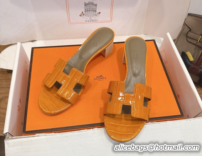 Good Product Hermes Oasis Classic Heel Slides Sandal 4.5cm in Crocodile Embossed Leather Orange Yellow 0304039