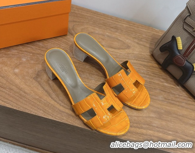 Good Product Hermes Oasis Classic Heel Slides Sandal 4.5cm in Crocodile Embossed Leather Orange Yellow 0304039