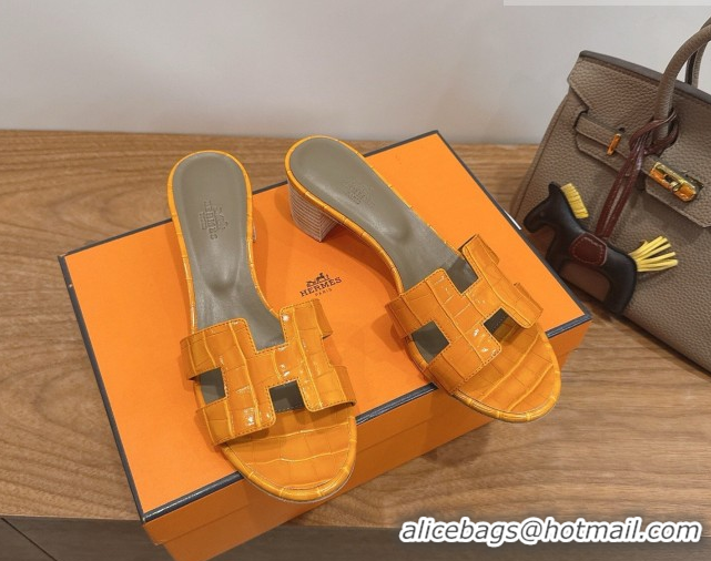 Good Product Hermes Oasis Classic Heel Slides Sandal 4.5cm in Crocodile Embossed Leather Orange Yellow 0304039