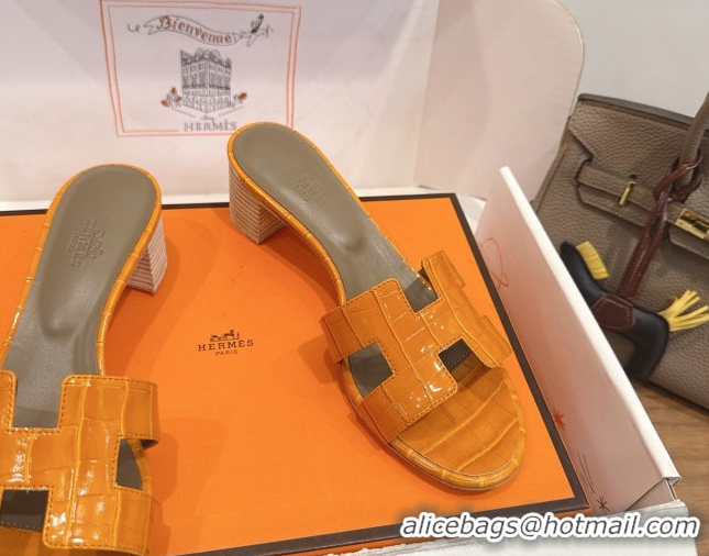 Good Product Hermes Oasis Classic Heel Slides Sandal 4.5cm in Crocodile Embossed Leather Orange Yellow 0304039