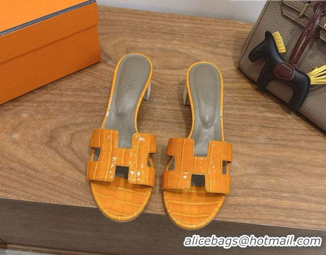 Good Product Hermes Oasis Classic Heel Slides Sandal 4.5cm in Crocodile Embossed Leather Orange Yellow 0304039