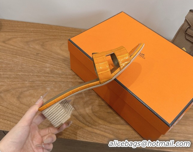 Good Product Hermes Oasis Classic Heel Slides Sandal 4.5cm in Crocodile Embossed Leather Orange Yellow 0304039