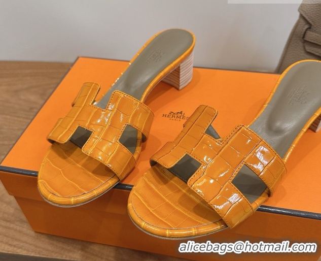 Good Product Hermes Oasis Classic Heel Slides Sandal 4.5cm in Crocodile Embossed Leather Orange Yellow 0304039