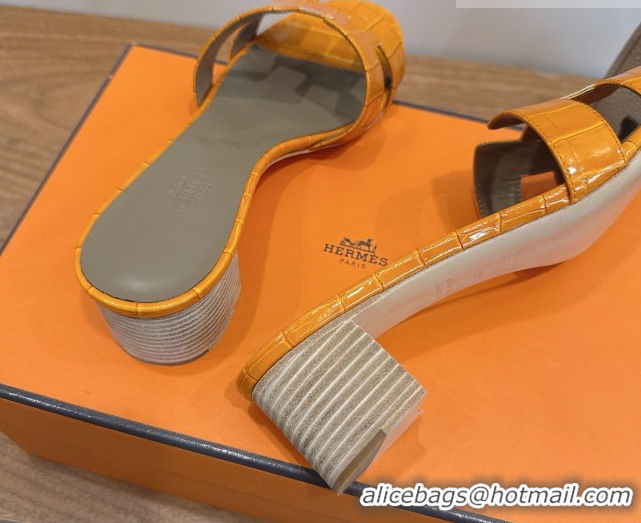 Good Product Hermes Oasis Classic Heel Slides Sandal 4.5cm in Crocodile Embossed Leather Orange Yellow 0304039