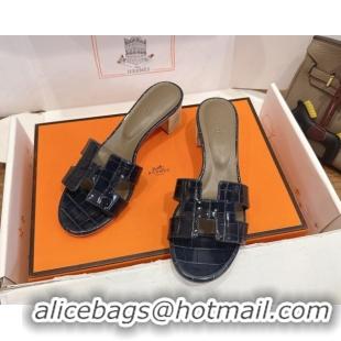 Best Product Hermes Oasis Classic Heel Slides Sandal 4.5cm in Crocodile Embossed Leather Indigo Blue 0304041