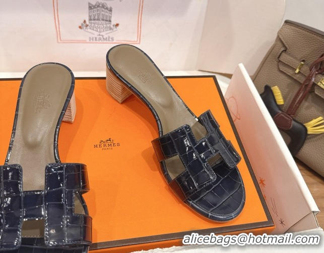 Best Product Hermes Oasis Classic Heel Slides Sandal 4.5cm in Crocodile Embossed Leather Indigo Blue 0304041
