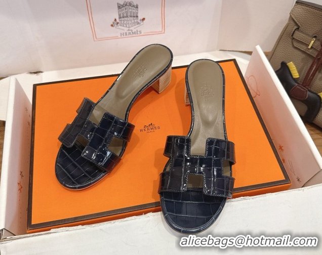 Best Product Hermes Oasis Classic Heel Slides Sandal 4.5cm in Crocodile Embossed Leather Indigo Blue 0304041