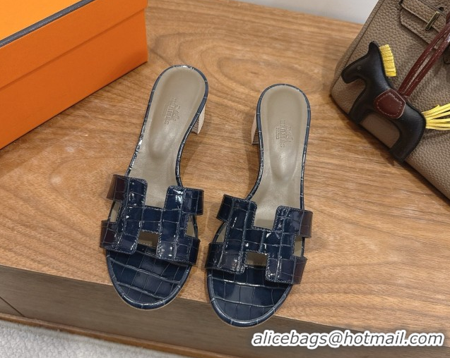 Best Product Hermes Oasis Classic Heel Slides Sandal 4.5cm in Crocodile Embossed Leather Indigo Blue 0304041