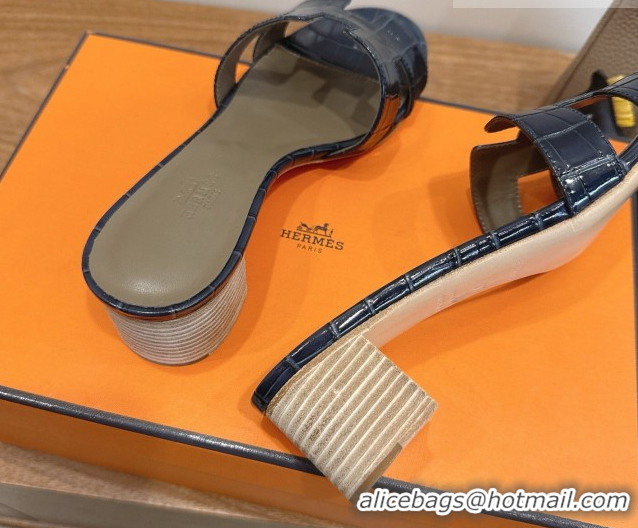 Best Product Hermes Oasis Classic Heel Slides Sandal 4.5cm in Crocodile Embossed Leather Indigo Blue 0304041