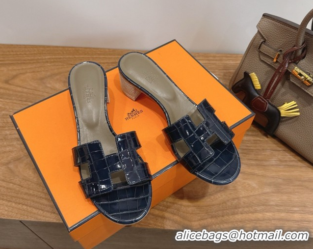 Best Product Hermes Oasis Classic Heel Slides Sandal 4.5cm in Crocodile Embossed Leather Indigo Blue 0304041