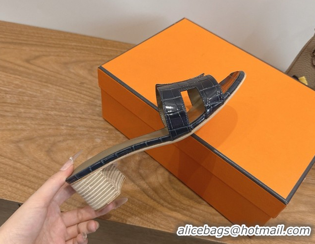 Best Product Hermes Oasis Classic Heel Slides Sandal 4.5cm in Crocodile Embossed Leather Indigo Blue 0304041