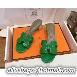 Purchase Hermes Oasis Classic Heel Slides Sandal 4.5cm in Crocodile Embossed Leather Green 0304043