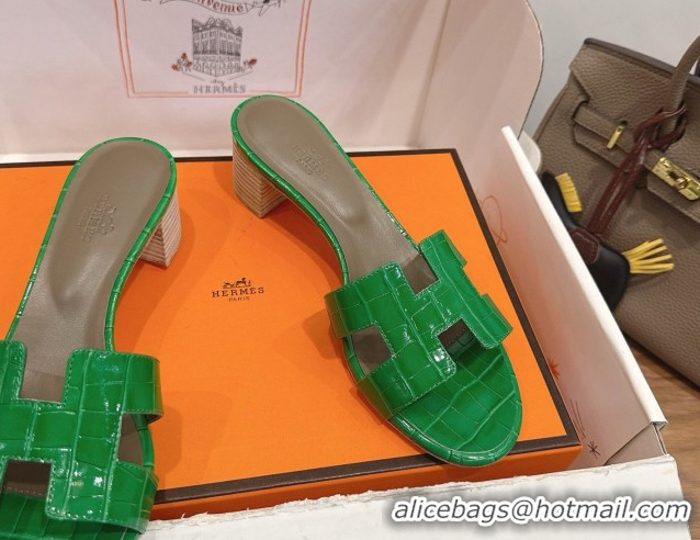 Purchase Hermes Oasis Classic Heel Slides Sandal 4.5cm in Crocodile Embossed Leather Green 0304043