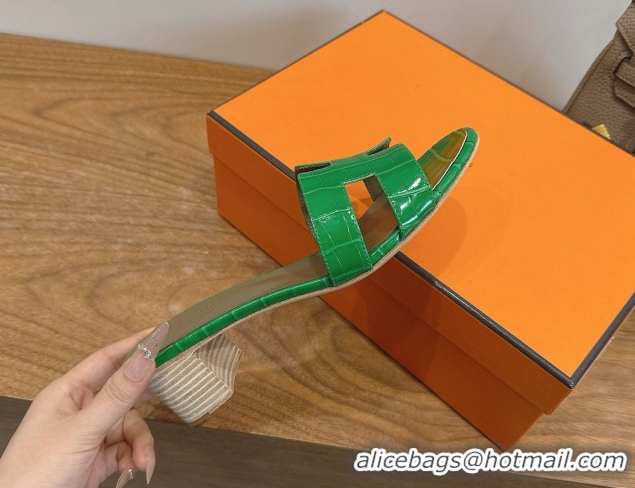 Purchase Hermes Oasis Classic Heel Slides Sandal 4.5cm in Crocodile Embossed Leather Green 0304043