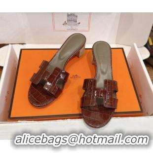 Low Price Hermes Oasis Classic Heel Slides Sandal 4.5cm in Crocodile Embossed Leather Dark Brown 0304044