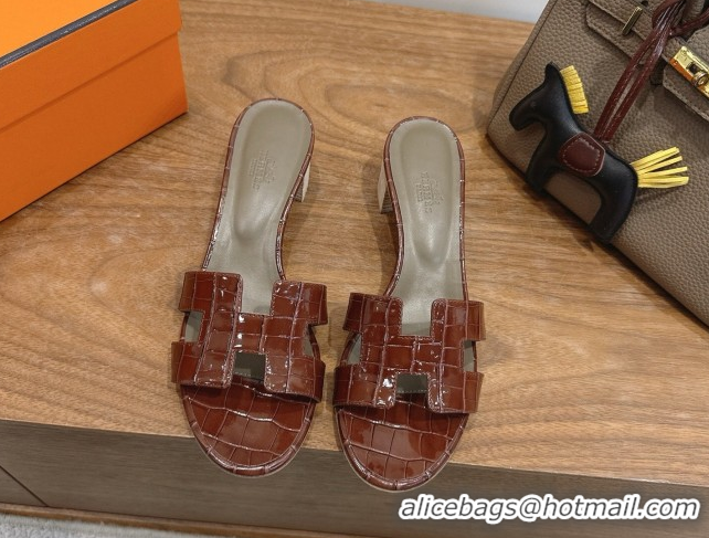 Low Price Hermes Oasis Classic Heel Slides Sandal 4.5cm in Crocodile Embossed Leather Dark Brown 0304044