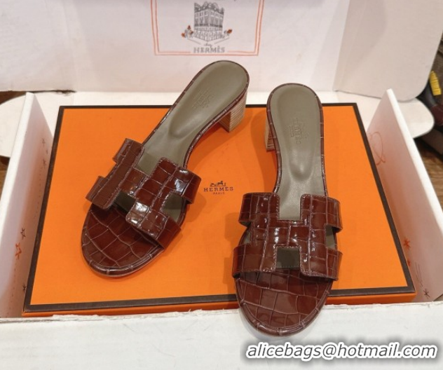 Low Price Hermes Oasis Classic Heel Slides Sandal 4.5cm in Crocodile Embossed Leather Dark Brown 0304044