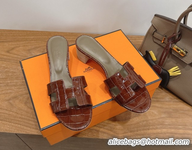 Low Price Hermes Oasis Classic Heel Slides Sandal 4.5cm in Crocodile Embossed Leather Dark Brown 0304044
